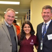 Senator Tim Kaine, Kritia Singh (Malaria Free World), Ken Nysmith (The Nysmith School) at the 2015 K-12 STEM Symposium 
