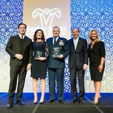 From right to left: John Travolta, Actor, Golden Globe Winner, Academy Award Nominee, Ambassador of Commercial Aviation, Betty Welsh, Military Family Advocate, 2016 Advocacy Award Recipient, General Mark A. Welsh III, 20th Chief of Staff of the United States Air Force, 2016 Advocacy Award Recipient, Sec. Robert A. McDonald, Secretary U.S. Dept. of Veterans Affairs and Dr. Marta Wilson, Founder and Chief Executive Officer, Transformation Systems, Inc. and Board of Directors Easter Seals Serving DC|MD|VA.