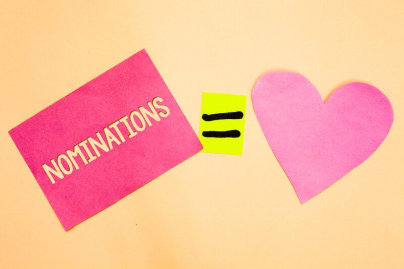 Word writing text Nominations. Business concept for Suggestions of someone or something for a job position or prize Drawing calculation solve equality symbol love heart text card paper work (Word writing text Nominations. Business concept for Suggesti