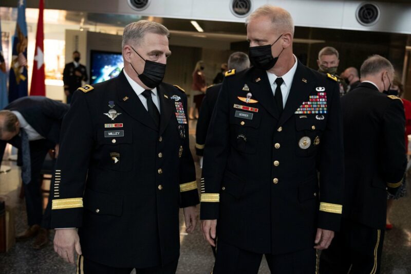 Army Gen. Mark A. Milley, chairman of the Joint Chiefs of Staff speaks with Lt. Gen. Scott D. Berrier, director, Defense Intelligence Agency (DIA)